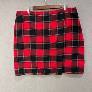 Talbots Red Black Plaid Wool Blend Wrap Mini Skirt Size 16
